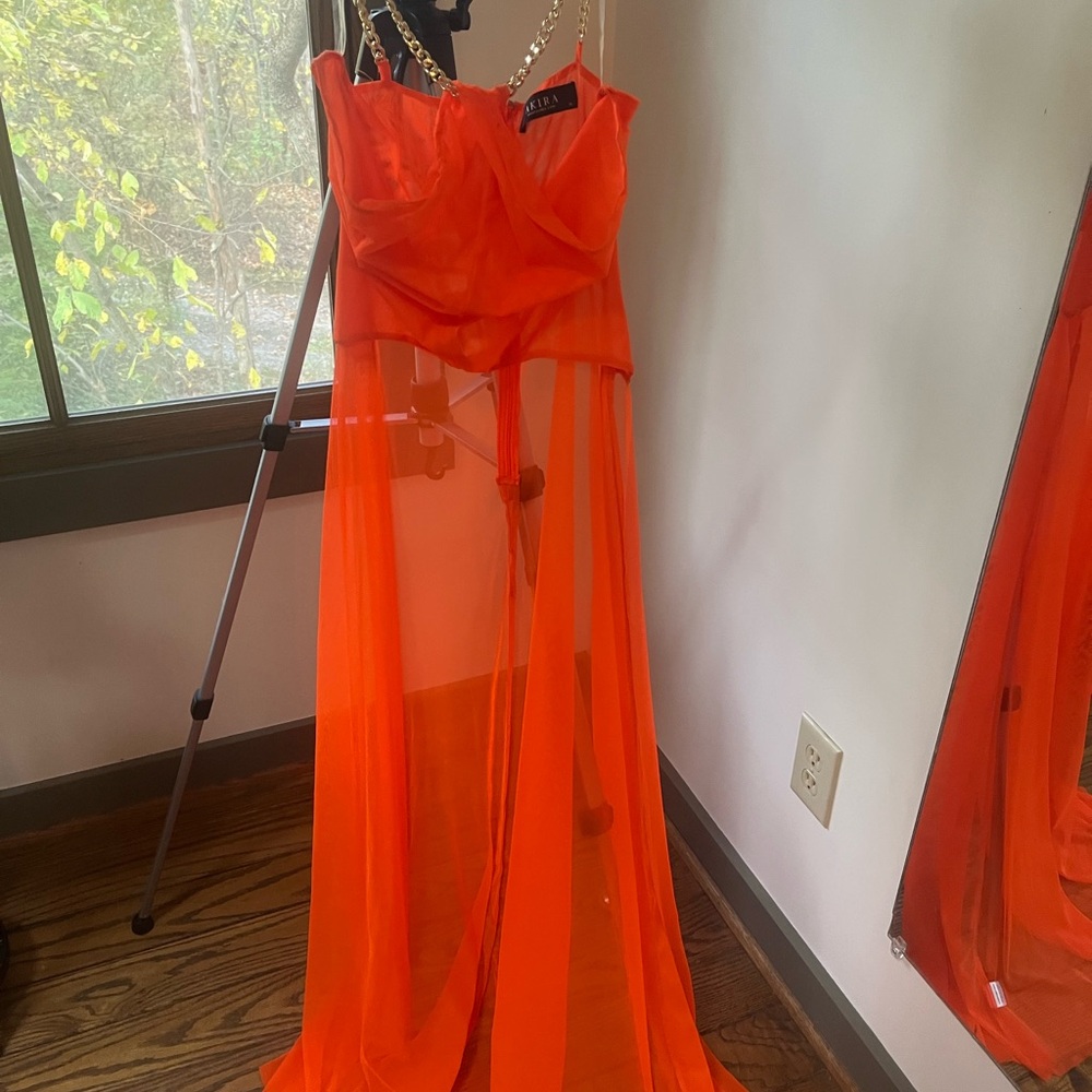 Vibrant Orange Sheer Dress with Chain Straps